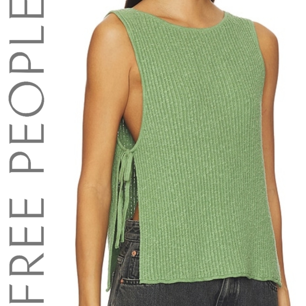 NWT Free People Lizzie Rib Side Tie Sleeveless Cotton & Linen Blend Sweater